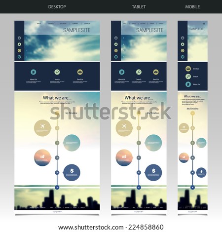 One Page Website Template with Blurred Background - Sunset and Chicago Skyline Pattern Header Design - Desktop, Tablet, Mobile Version Royalty-Free Stock Photo #224858860