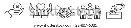 Outline symbols and signs of charity such as donation, support, fundraising, voluntary and help - editable vector thin line icon collection on white background Royalty-Free Stock Photo #2248596085