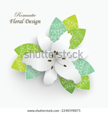 Paper flower with green leaves. Colorful, bright lilies are cut out of paper on a white background. Decorative bridal bouquet, separate floral design elements. Greeting card template. Vector