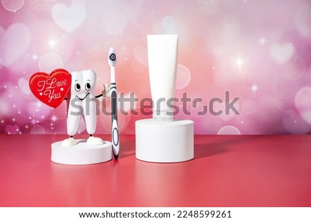 cartoon model of a tooth and toothpaste on a white podium and a toothbrush on an abstract background with hearts