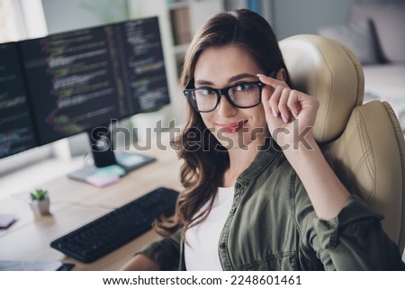 Photo of smart adorable lady expert modern technology sphere working it company create content site download media indoor home workstation