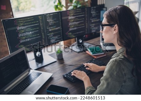 Photo of smart lady hardware expert organize database fix bugs remove virus working day comfort space indoor room workstation Royalty-Free Stock Photo #2248601513