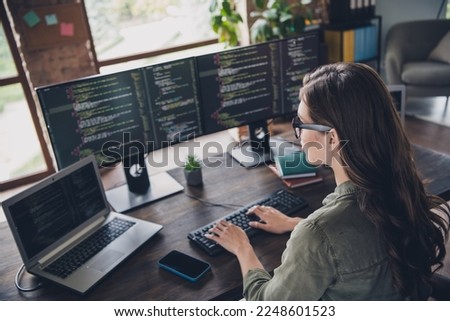 Photo of professional smart lady sit chair keyboard typing hacking russian sites morning comfort office indoor room workstation Royalty-Free Stock Photo #2248601523