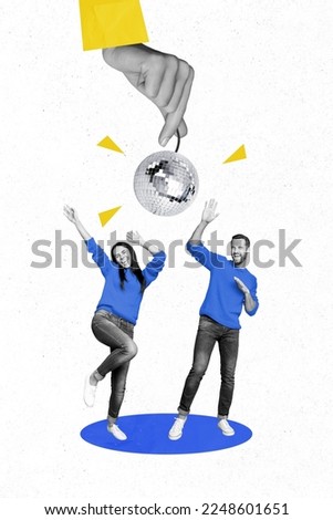 Vertical collage picture of two small excited people dancing arm fingers black white gamma hold disco ball isolated on painted background