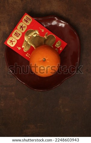 Orange and the Lucky Red Envelope with the Script in Chinese, Good Luck and Rabbit in Gold printed