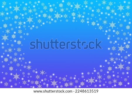 Winter nature snowfall background with central copy space. blue snow blurred abstract snowflake texture Abstract white powder snow cloud border on dark surface. Design of picture frame for websites