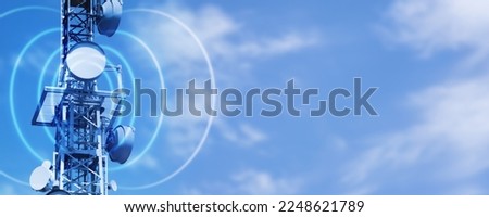 antenna tower as phone base station with radio waves on sky background, illustration concept with copy space for wireless communication for tv, internet and mobile communication Royalty-Free Stock Photo #2248621789