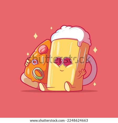 Beer mug character holding a pizza slice vector illustration. Drink, food, funny design concept.