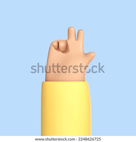 Cartoon 3d hand making peace gesture or victory sign isolated on blue background. Cartoon character hand showing two fingers.Vector 3D illustration
