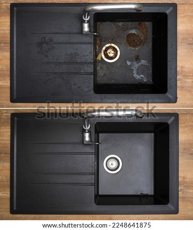 House cleaning service granite kitchen sink black with leftover bits of food before - after washing. Royalty-Free Stock Photo #2248641875