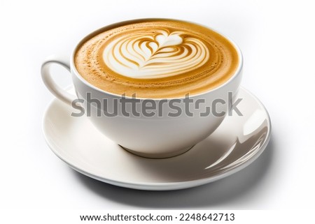 Close up shot of hot latte coffee with latte art in a ceramic white cup and saucer on white background with clipping path. Royalty-Free Stock Photo #2248642713