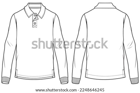 Men's long sleeve polo collar T Shirt flat sketch fashion illustration drawing template mock up with front and back view. Rugby t-shirt vector cad drawing Royalty-Free Stock Photo #2248646245