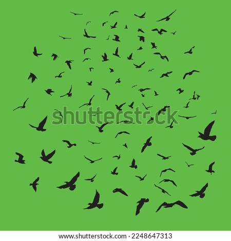 3d illustration -A flock of Birds Flying on Green background - with green background. number of flock of birds and how they fly away-shadow black ink icons of crane birds- Bird Fly, Vector, Vector bac