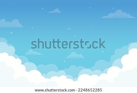 blue clear sky background, Clean Sky, 2d Cartoon,  Anime style background with shining white fluffy clouds, weather, summer season outdoor- light background, Vector, Vector BG