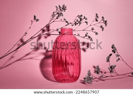 Composition with dried flowers and transparent vase. The vase and dried flowers cast a beautiful shadow. Image toned in color of the year 2023 Viva magenta. Royalty-Free Stock Photo #2248657907