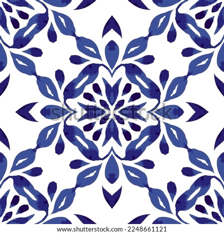 Abstract blue and white vector grunge tile seamless ornamental watercolor paint pattern. Azulejo indigo color portuguese style mediterranean mosaic