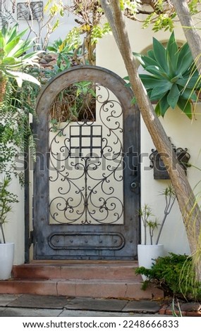 decorative metal arched gate leading to the garden Royalty-Free Stock Photo #2248666833