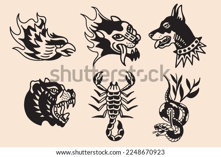 set of beast old school tattoo flash. hand drawn style with bold line. Vector graphic Royalty-Free Stock Photo #2248670923
