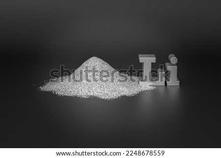 Lithium is an alkali metal used in batteries. A handful of silver-white Lithium metal powder and the chemical symbol Li on a black background. Chemical element Lithium Royalty-Free Stock Photo #2248678559