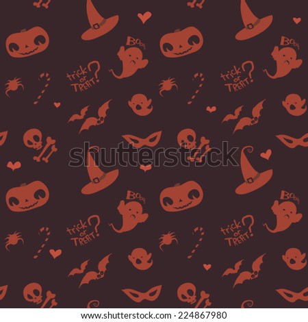 Seamless vector Halloween pattern includes  a lots of festive elements:  pumpkins, skulls, bats, masks, candy canes, witch hats, ghosts and typography says "trick or treat?". Brown and orange colors.