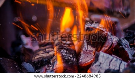burning charcoal, fire, sparks and hall in a bonfire