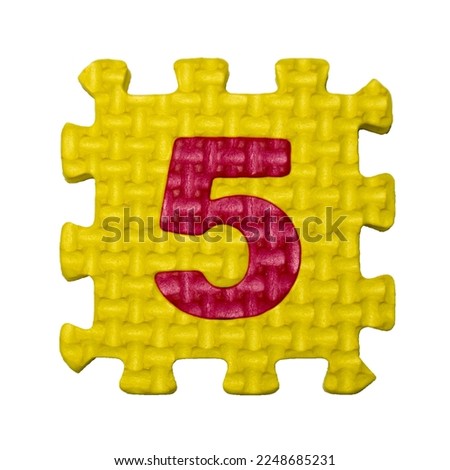 Number five. Red number on yellow puzzle background. Isolated on white background
