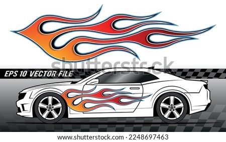 Burning tires and flame sports car decal vinyl sticker. Racing car hot rod tribal fire flames vector art graphic. Side decoration for car, auto, truck, boat, suv, motorcycle.