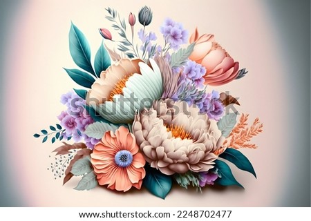 Flowers in the style of watercolor art. Luxurious floral elements, botanical background or wallpaper design, prints and invitations, postcards. Beautiful delicate flowers 3D illustration