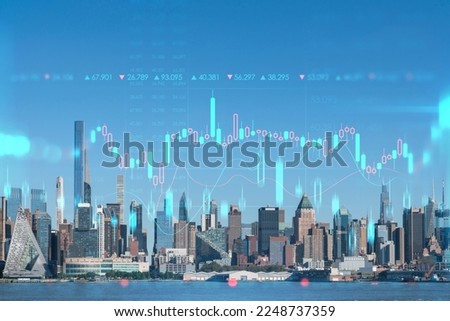New York City skyline from New Jersey over the Hudson River towards Midtown Manhattan at day time. Forex graph hologram. The concept of internet trading, brokerage and fundamental analysis