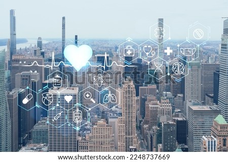 Aerial panoramic city view of Upper Manhattan and Central Park, New York city, USA. Iconic skyscrapers of NYC. Health care digital medicine hologram. The concept of treatment and disease prevention