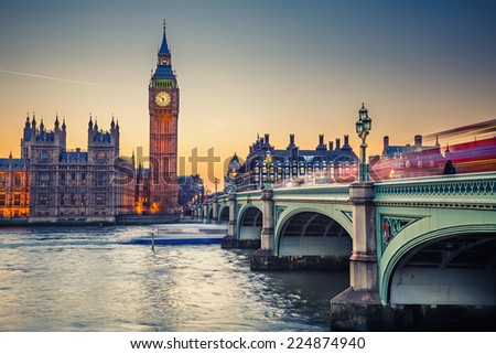 Big Ben and Westminster bridge at dusk Royalty-Free Stock Photo #224874940