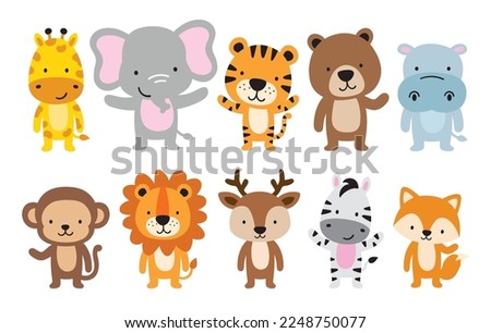 Cute Wild Animals in Standing position Vector Illustration. Animals include a giraffe, elephant, tiger, bear, hippo, monkey, lion, deer, zebra, and fox.