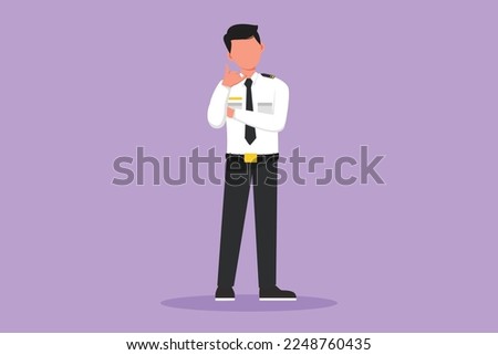 Cartoon flat style drawing of flight attendant or steward standing in uniform with call me gesture prepare at airport for flying and serve passengers to destination. Graphic design vector illustration