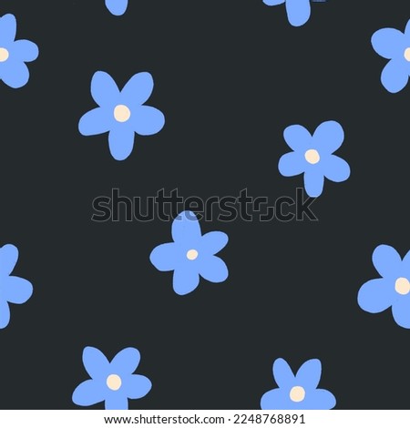 Beautiful old style 70s retro floral seamless pattern with blue flowers. Stock illustration.