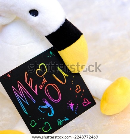 Note Me and you. Love greeting card, Valentines Day with cute  toy. Art scratch paper for message