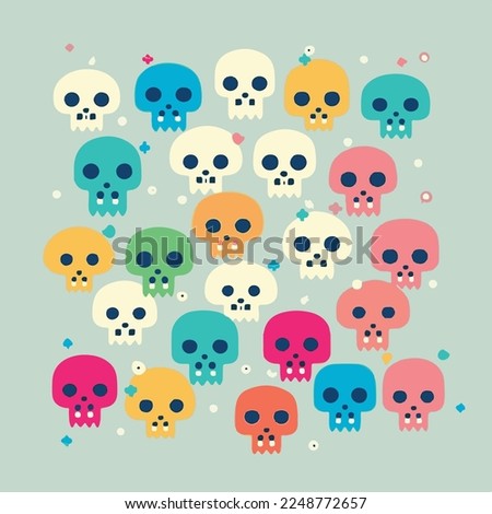 Adorable kiddy cartoon cute funny skull skulls bones scary halloween magical muzzle with face and winking eyes, pastel bright colors, Vector, collection set, children illustration, wallpaper