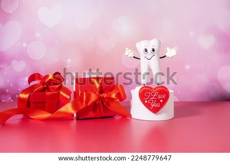 cartoon model of a tooth on a white podium and gift boxes on an abstract background with hearts