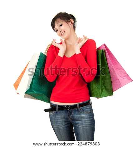 shopping woman with colourful bags, white background