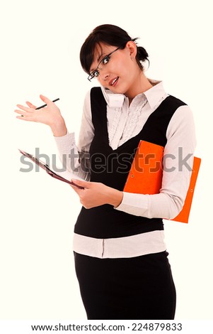 Young businesswoman with clipboard, white background.