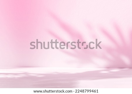 Blurred background. Abstract pink studio background for product presentation. Empty room with shadows of window and flowers and palm leaves . 3d room with copy space. Summer concert.