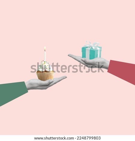 Contemporary art collage of hands holding a cupcake with a burning candle and gift box. Party time. Concept of birthday invitation design. Copy space for ad.