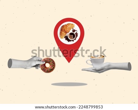 Plate with cup of coffee and croissant on location pin concept for customer visit. Hands showing direction. Copy space. Concept of art, creativity, imagination, poster and ad. 