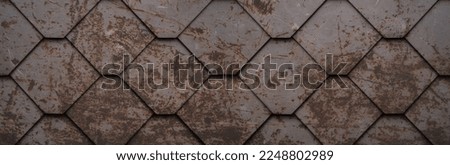 Abstract seamless orange brown rusty geometric rhombus diamond hexagon 3d scratched old tiles rust wall texture background banner wide panorama panoramic