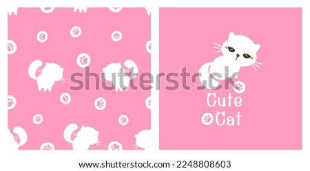 Seamless pattern with cat kitten and paw print on pink background. Cute white cat cartoon and hand drawn fonts vector illustration.