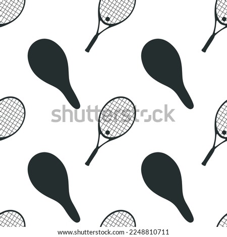 Flat vector silhouette seamless pattern, digital paper. Hand drawn tennis racket with dampener and case