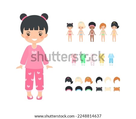 Cute Chinese chibi girl dressed in pajamas. Dress up paper doll. Doll house interior concept. Cartoon flat style. Vector illustration Royalty-Free Stock Photo #2248814637