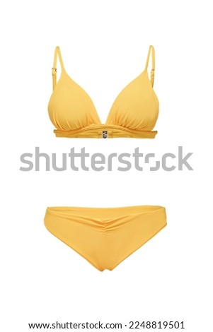 Close-up shot of a yellow triangle bikini set with braid. A two-piece swimsuit is isolated on a white background. Front view.