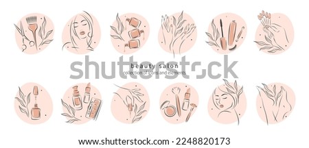 Big set of elements and icons for beauty salon. Nail polish,  manicured female hands and legs, beautiful woman face, lipstick, eyelash extension, makeup, hairdressing. Vector illustrations Royalty-Free Stock Photo #2248820173
