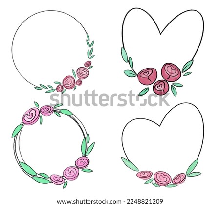 Collection of vector frames in the shape of a heart and watercolor roses and peonies. Illustrations for love and valentine's day.