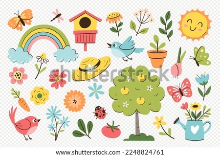 Cute spring objects isolated. Collection of seasonal things like flowers, gardening objects and butterflies, perfect for creating spring decorative designs.